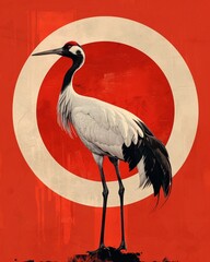 Fototapeta premium The majestic crane, adorned with a red crown, graces the wetlands of Japan, a symbol of grace and beauty in East Asia.