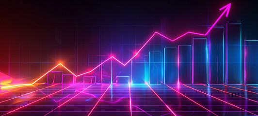 A neon graph with an arrow pointing upwards, indicating growing sales or business growth