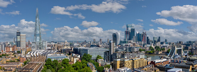 London Skyline, aerial view of the city of London looking towards London Bridge railway station...