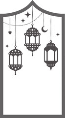 Ramadan frame with lanterns. Muslim decorated window. Islamic outline arch template. Traditional illustration for greeting card post and banner design.