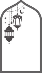 Ramadan frame with lanterns. Muslim decorated window. Islamic outline arch template. Traditional illustration for greeting card post and banner design.