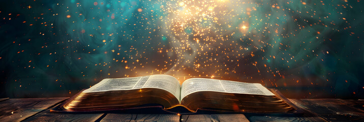 An open book from which rays of light emanate beautiful, Sacred Illumination Shining Ancient Book Banner. 