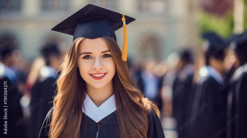 Wall mural A happy graduate woman with flowing hair stands before a blurred crowd of graduates. - Wall murals