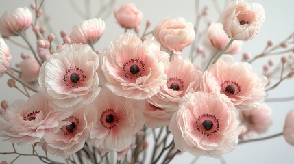   A vase, brimming with numerous pink flowers, rests on a wooden table Nearby, a white wall offers a contrasting backdrop