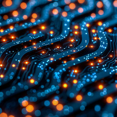 The image is a colorful, abstract representation of a circuit board. The blue and orange colors...