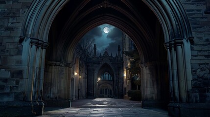 Gothic archway, night, moonlight casting deep shadows, wide angle, the threshold to mysteries untold , cinematic