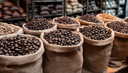 Gourmet Coffee Beans: A variety of gourmet coffee beans such as Arabica, Robusta, and specialty...