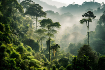 Rainforest landscape with trees and fog