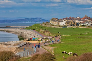Fototapeta premium View of fields , sea and city of morecambe