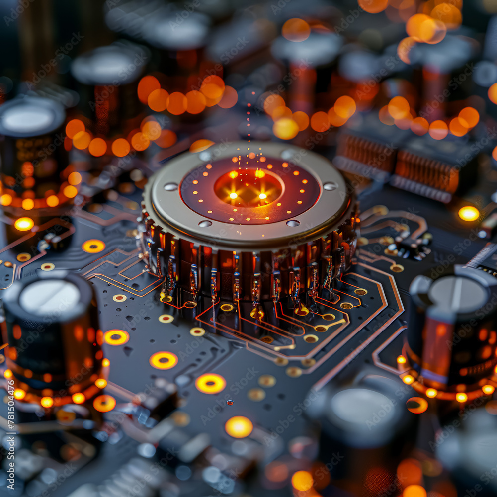 Poster a computer chip with a glowing red center. the chip is surrounded by a black background. concept of 