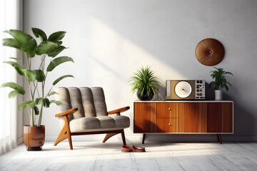 Modern retro concept of home interior with design grey armchair, coffee table and vynil record...