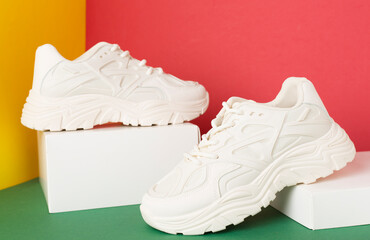 White woman trendy sneakers on colorful background