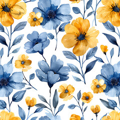 Seamless pattern Cute Blue and Yellow Flowers Seamles
