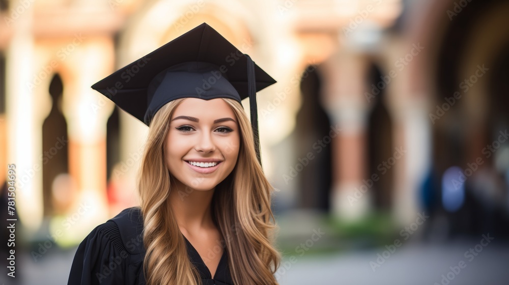 Wall mural A smiling graduate woman with golden hair in a campus setting exudes confidence. - Wall murals