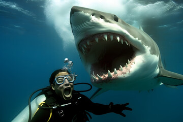 Shark attacks scuba diver underwater with wide open mouth