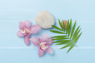Composition with orchids and massage stones on wooden background, top view