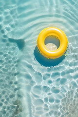 Obraz premium Yellow inflatable ring on clear beautiful water. Summer time concept. Template, copy space, rest, vacation.