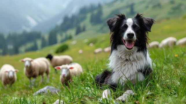   A black-and-white dog sits among a herd of sheep in the grass A mountain looms in the background