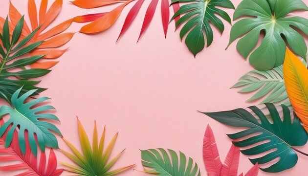 Summer time, frame background, template, tropical leaves on pastel background, copy space, top view.