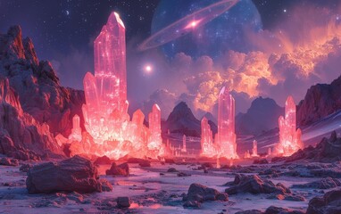 Fototapeta premium Surreal digital art of a landscape with towering pink crystals under a starry sky with distant planets