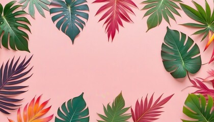 Summer time, frame background, template, tropical leaves on pastel background, copy space, top view. - obrazy, fototapety, plakaty
