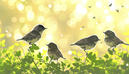 Birds chirp merrily in the early morning, signaling the start of a new day - obrazy, fototapety, plakaty