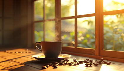 The aroma of freshly brewed coffee fills the room, awakening the senses - obrazy, fototapety, plakaty