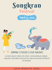 Horizontal banner a happy girl and elephant slinging water, celebrating the Thailand Songkran Water Festival. April 14.