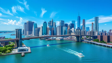 Iconic New York City Landscape, Manhattan and Brooklyn Bridges Towering Over East River Amidst Skyscrapers, Carsand Ferry Boats in Cinematic Urban Skyline, Beneath a Clear Blue Sky 