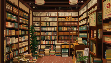The old bookshop exudes a cozy charm, with shelves lined with well-loved classics - obrazy, fototapety, plakaty