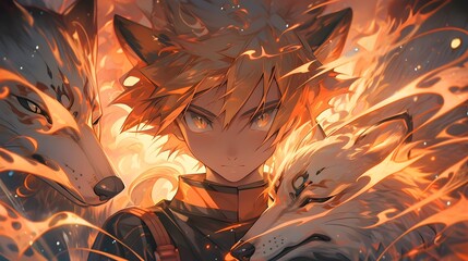 A Boy with orange hair and brown eyes is surrounded by three foxes, all of which have fiery fur  Created with Generative Al Technology