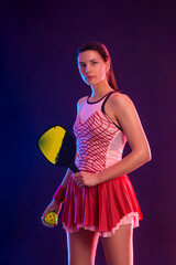 Pickleball tennis player with racket and ball at open tour. Sports woman at the court. Social media template - 781506279