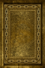 Gold frame with vintage-style engraved pattern in close-up. Illustration with metallic texture effect
