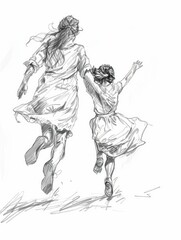 Simple Vector Outline Drawing of a Little Girl Running with Her Mother