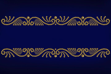 blue background with patterned border of golden pearl beads and copy space