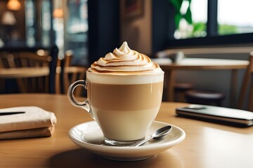 A glass cup of coffee with a white foam topping sits on a saucer with a spoon. The cup is placed on a wooden table in a cafe,cup of cappuccino with chocolate