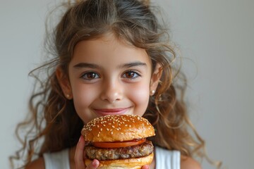 Cute little girl holding a hamburger with a big smile, in a simple white background