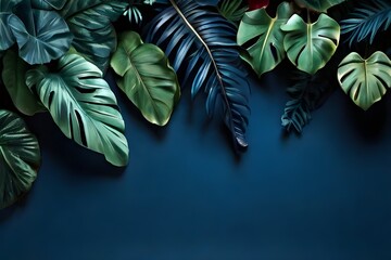 A blue background with a variety of green leaves on the right side of the image.