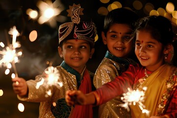 Obraz na płótnie Canvas Children dressed in traditional attire, playing with sparklers and enjoying the festivities of Diwali.
