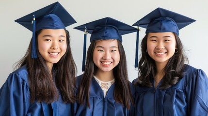 Asian grads radiate joy! Smiling, big-eyed, in dark blue attire against white backdrop. Capturing moments of triumph.