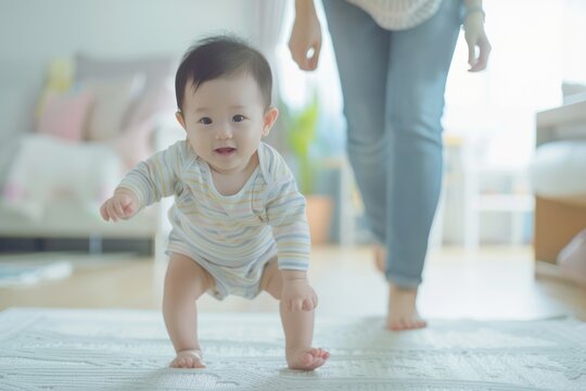 Asian baby taking first independent steps supported by mother.
