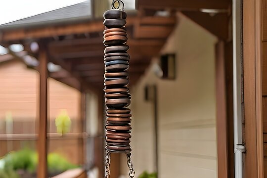 A metal coil of brown and black buttons, hanging from a metal ring and chain, in front of a house.Traditional nautical summer decorations featuring marine-themed components,electrical power station