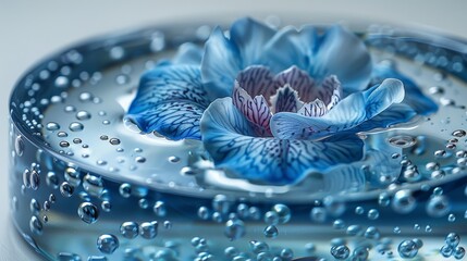   A tight shot of a blue bloom submerged in a bowl, adorned with water droplets at its base - obrazy, fototapety, plakaty