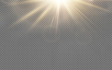 Set of realistic vector gold stars png. Set of vector suns png. Golden flares with highlights.	