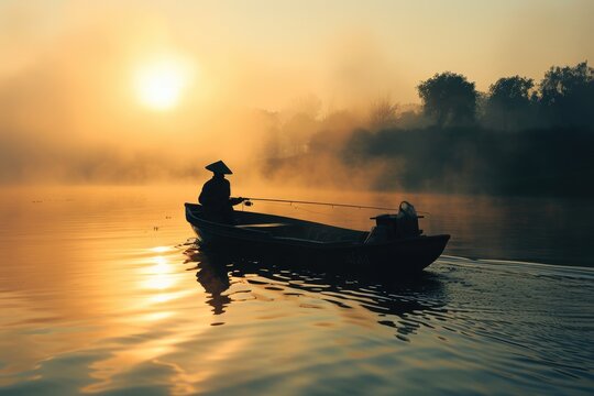 A fisherman casting his line from a boat at sunrise in the river,