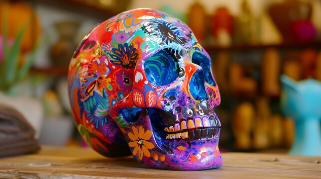 a colorful skull on a table