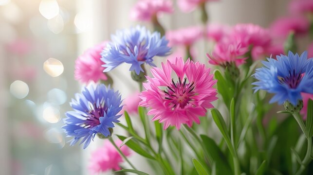   A vase filled with pink and blue flowers on a windowsill, illuminated by soft backlight