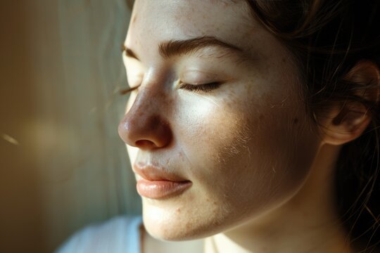 A woman practicing mindfulness and deep breathing exercises, with face relaxed and eyes closed in peaceful contemplation managing stress and promoting mental well-being.