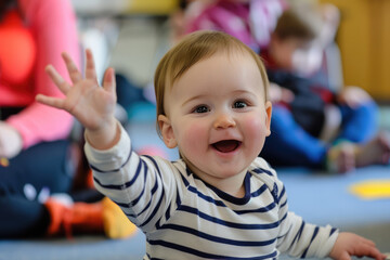 A Caucasian baby toddler participates in a baby sign language class, learning basic signs for communication. Development. Children's Day.