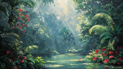 Fototapeta na wymiar Lush Green Tropical Rainforest with Red Flowers, Sun Rays, and Lake